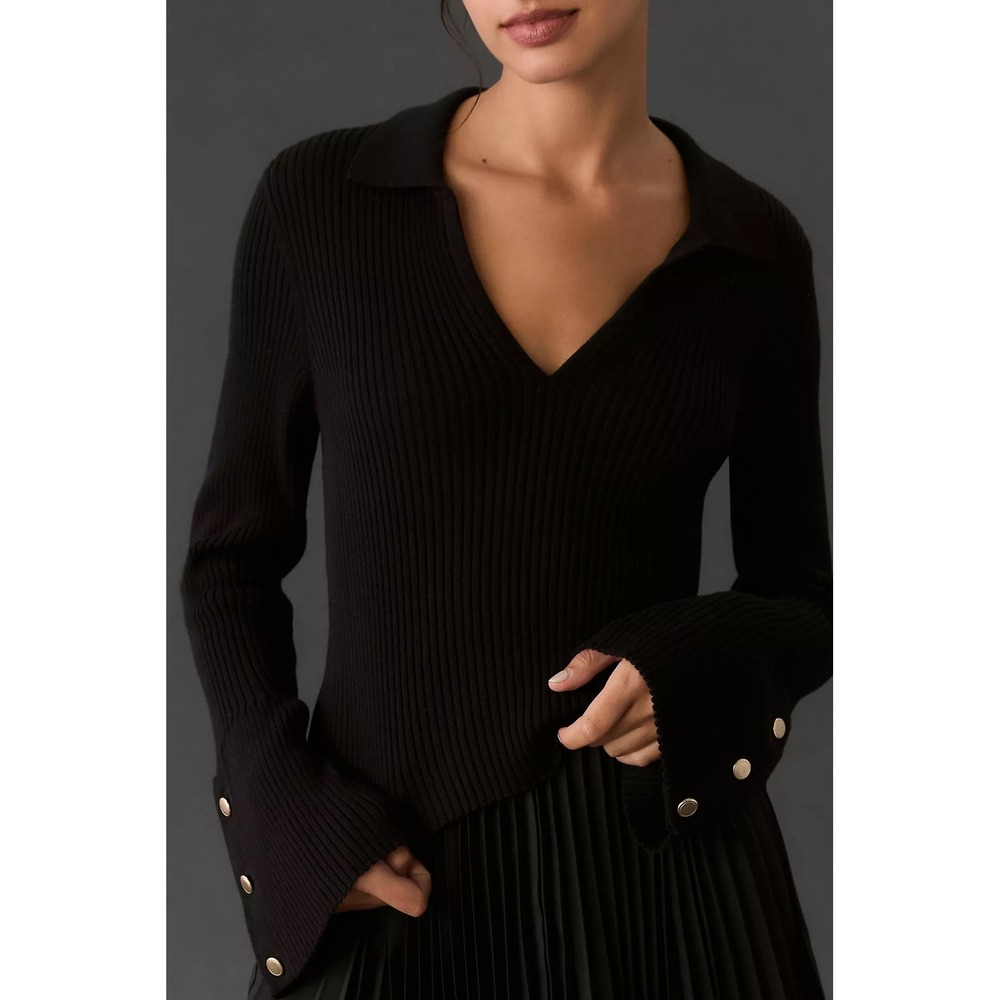 Anthropologie Maeve Bell Sleeve Polo Sweater Black Ribbed Size 3X